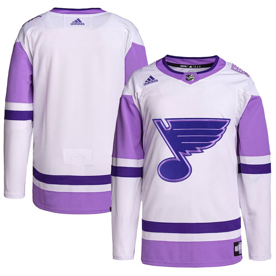 Men St. Louis Blues adidas White Purple Hockey Fights Cancer Primegreen Authentic Blank Practice NHL Jersey